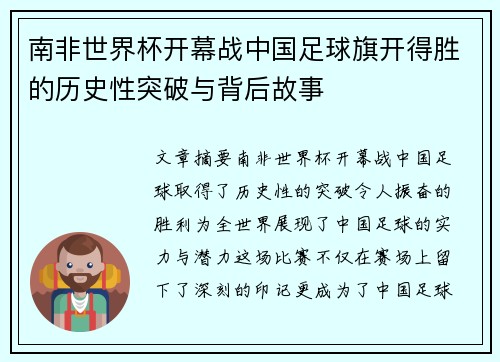 南非世界杯开幕战中国足球旗开得胜的历史性突破与背后故事